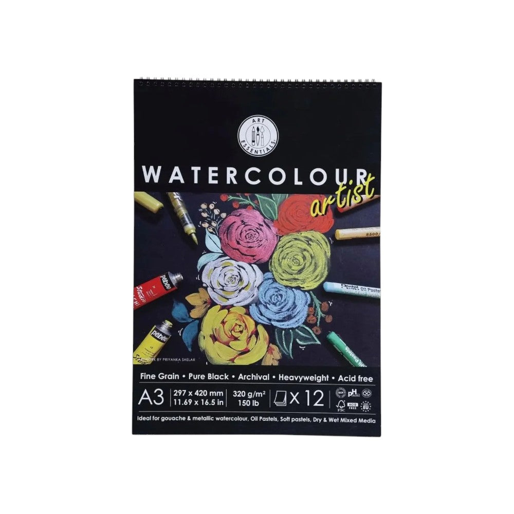 Art Essentials Black Watercolour Artist Paper Fine Grain 320GSM,12 SHT -Spiral Pad Art Essentials